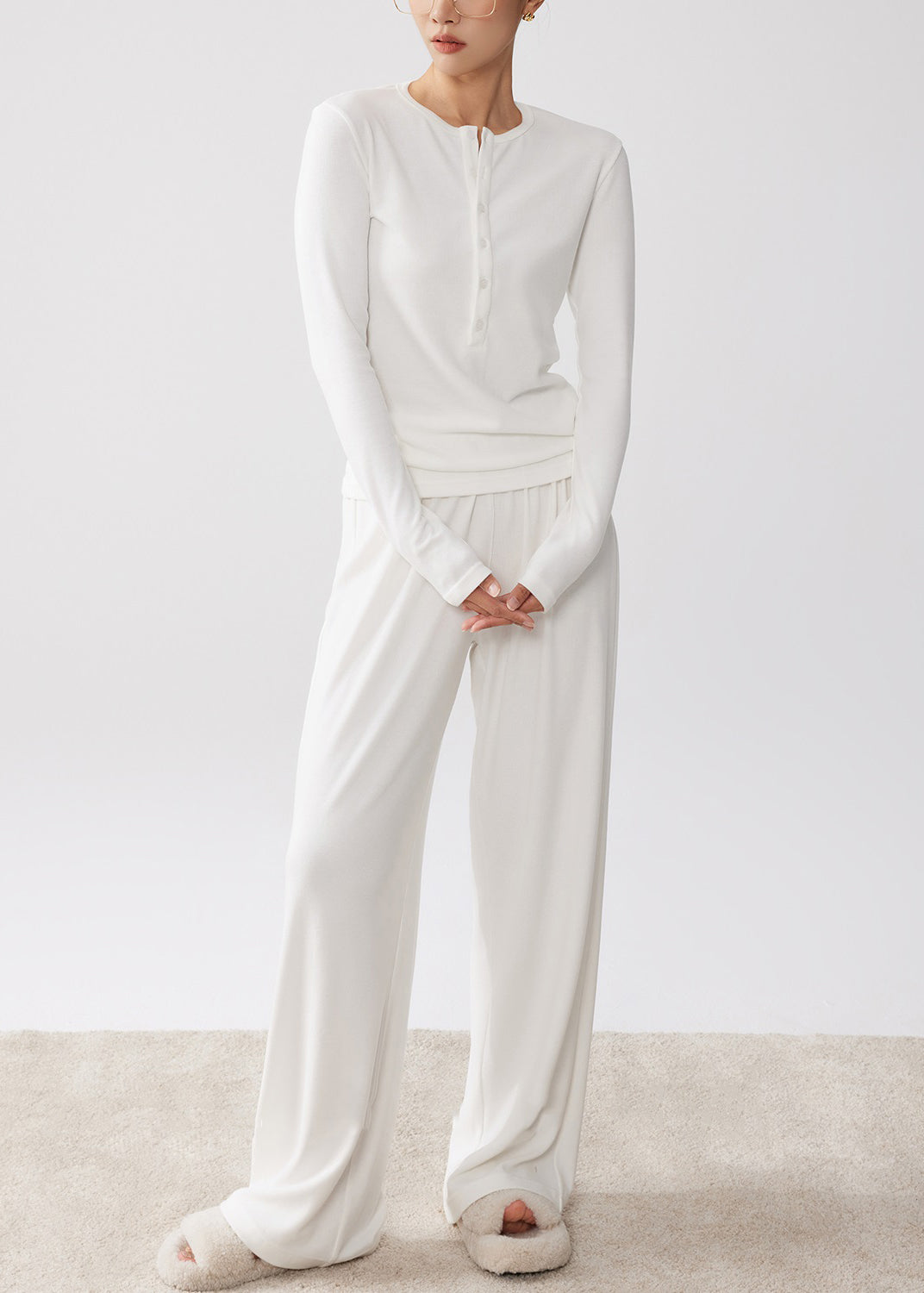 Women's Cotton Autumn Two Piece Set White Crewneck And Wide Leg Pants - OutfitLondon