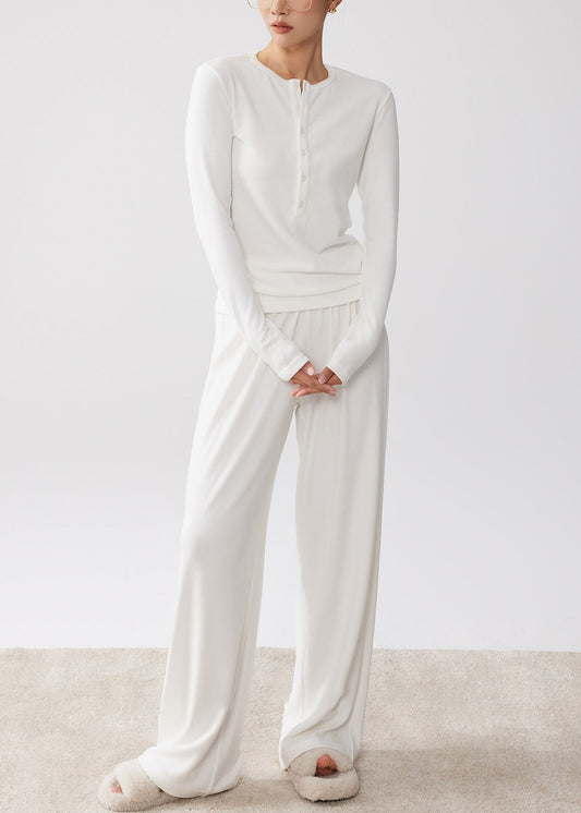 Women's Cotton Autumn Two Piece Set White Crewneck And Wide Leg Pants - OutfitLondon