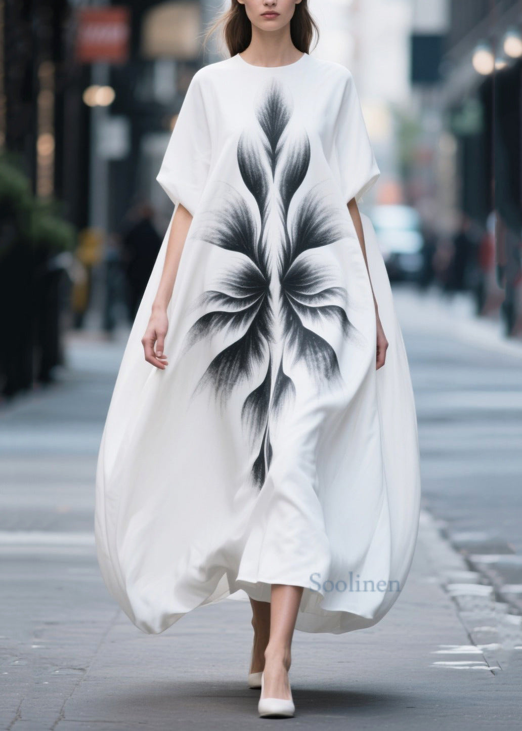 Women's Silk Maxi Dress Oversized White Bold Print - OutfitLondon