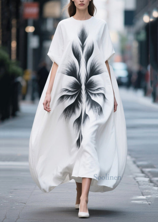 Women's Silk Maxi Dress Oversized White Bold Print - OutfitLondon