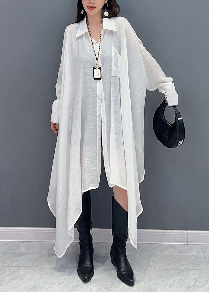 Women's Cotton Blend Blouse White Long Sleeve Peter Pan Collar - OutfitLondon