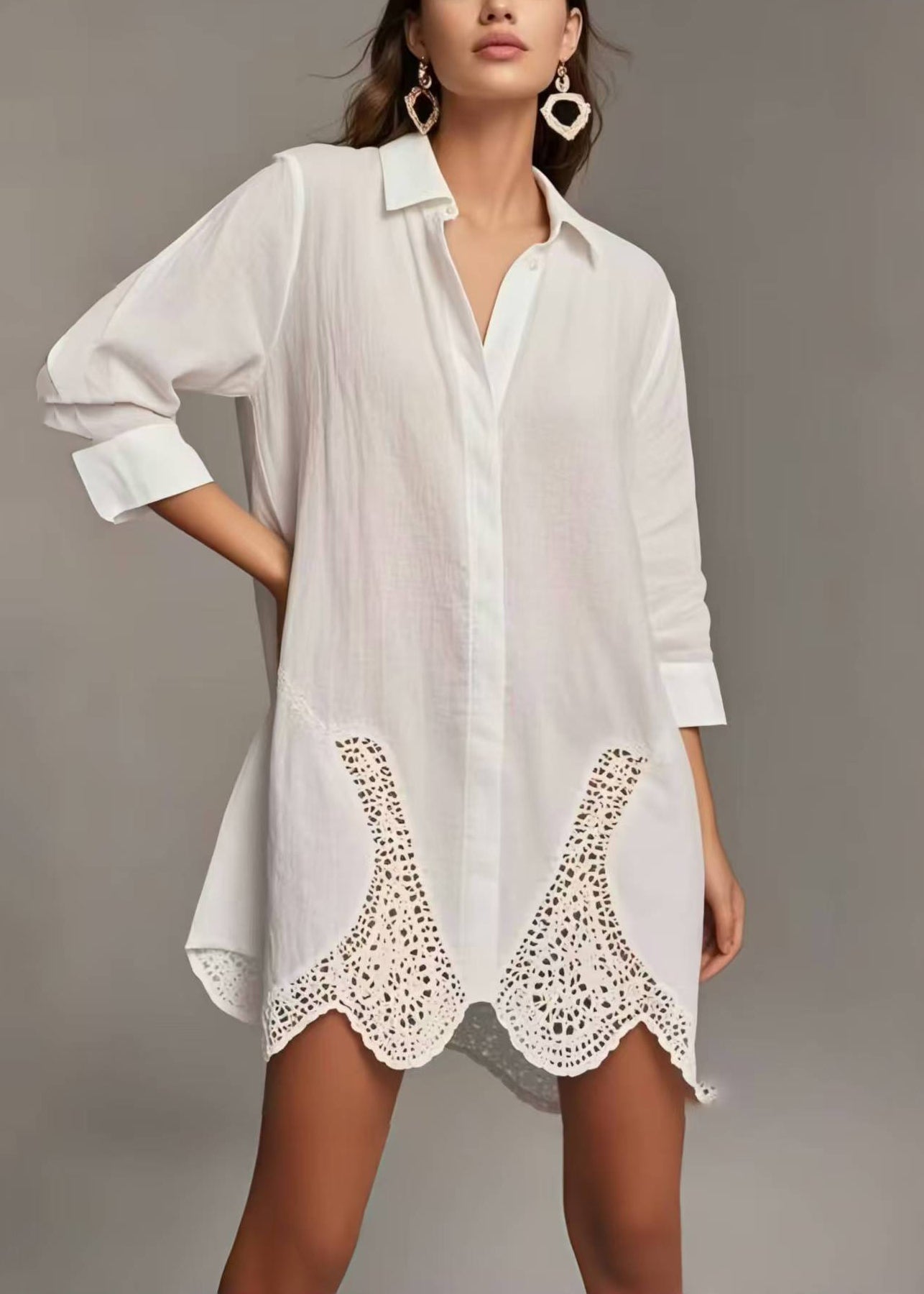 Women's White Lace Patchwork Blouse Peter Pan Collar - OutfitLondon