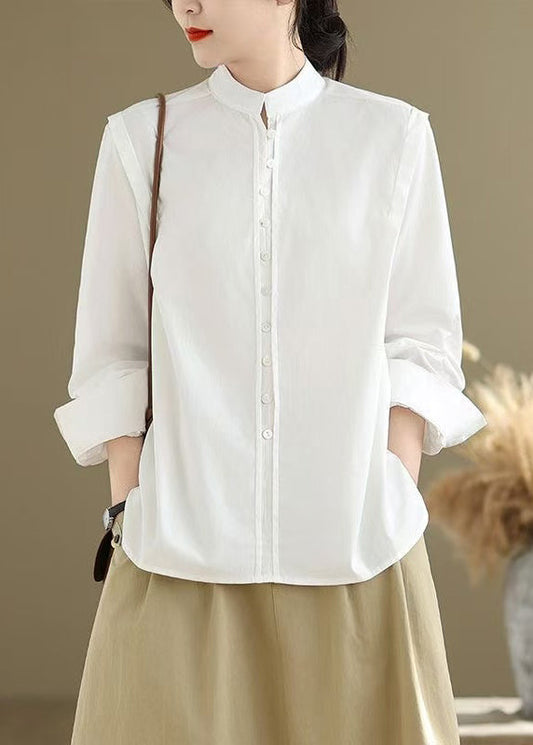 Women's Cotton Mandarin Collar Shirt Breathable White - OutfitLondon