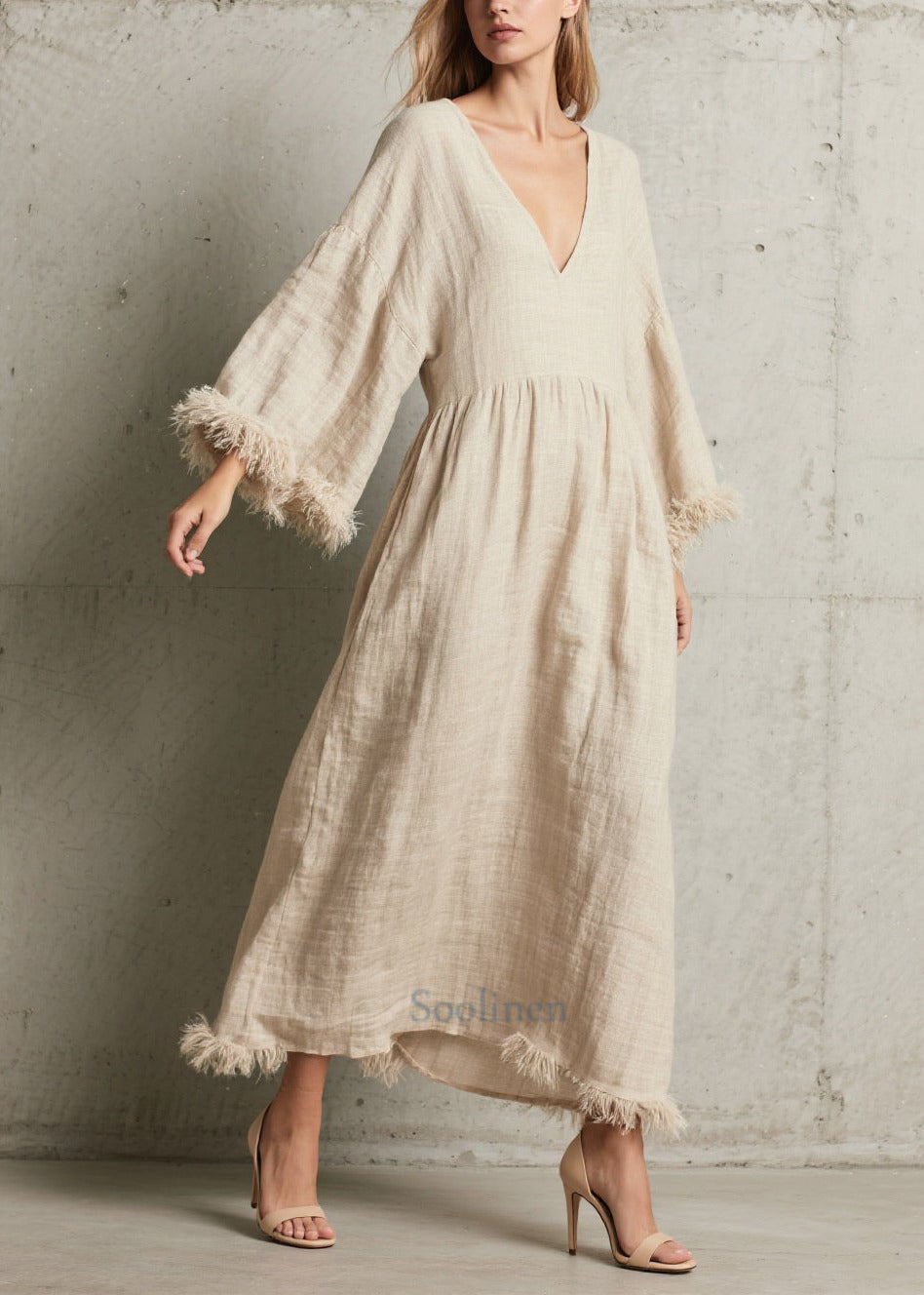 Women's White V Neck Robe Faux Fur Ankle Patchwork - OutfitLondon