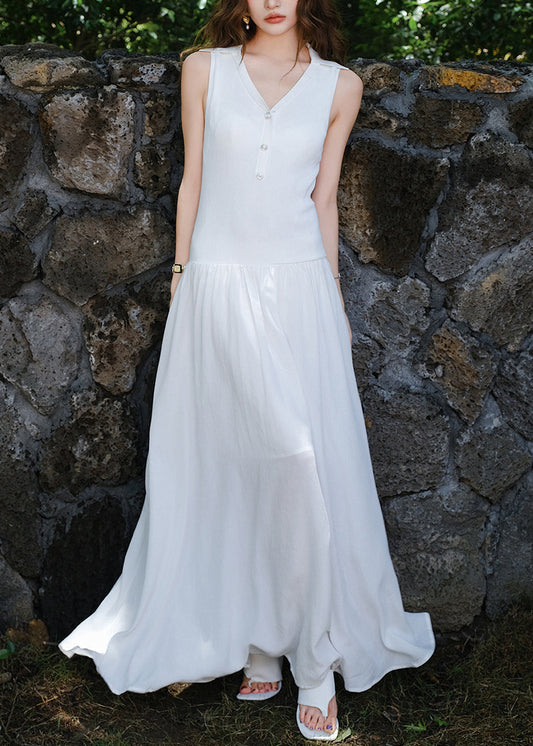 Women's White Cotton Maxi Dress V Neck Patchwork Sleeveless - OutfitLondon