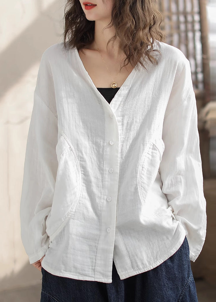 Women's V Neck Cotton Blend Shirt Relaxed Fit White - OutfitLondon