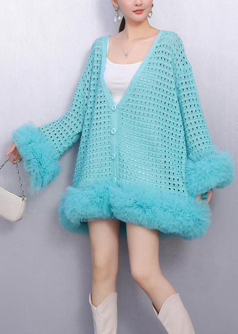 Women's Tulle Knit Vest Openwork Mesh Lightweight Blue - OutfitLondon