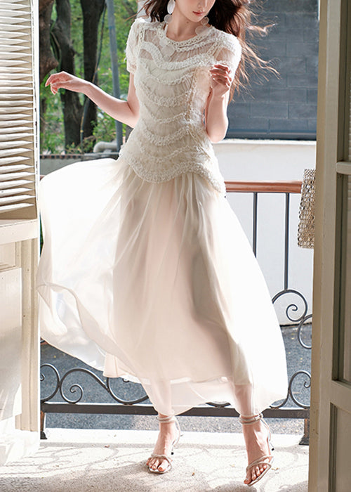Women's Beige Tulle Long Slim Fit Dress - OutfitLondon
