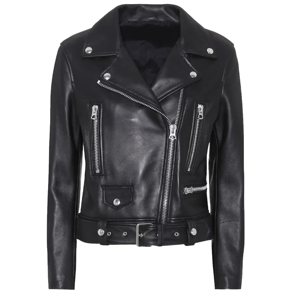 Women's Slim Fit Motorcycle Jacket Black Leather - OutfitLondon