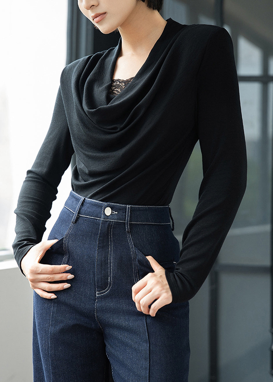 Women's Wool Blend Lace Tee Black Autumn Warmth - OutfitLondon