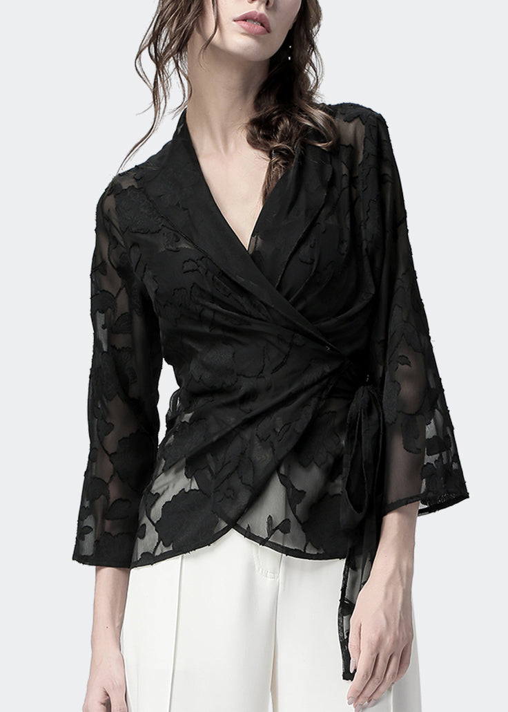 Women's Silk Blouse V Neck Lace Black - OutfitLondon