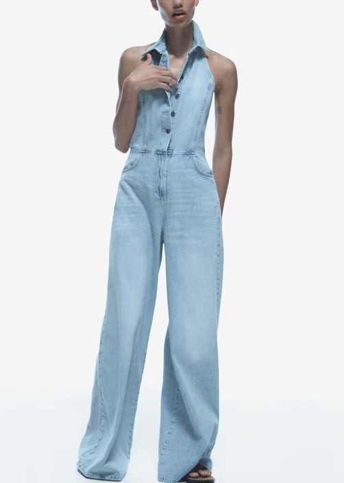 Women's Slim Fit Jumpsuit Blue Denim Sleeveless Backless High Waist - OutfitLondon