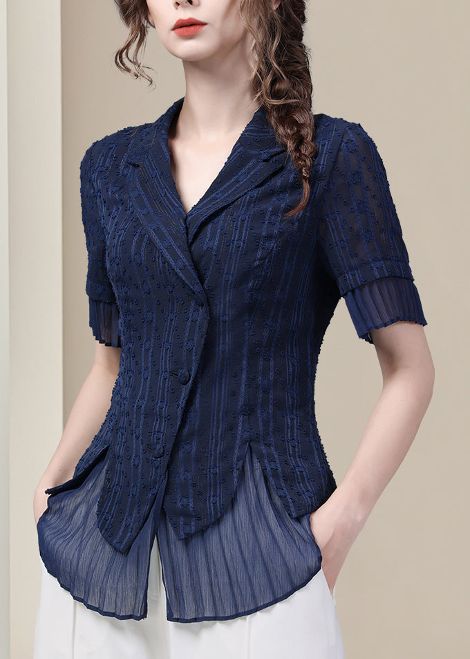 Women's Silk Blouse Peter Pan Collar Slim Fit Blue - OutfitLondon