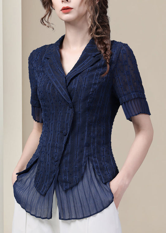 Women's Silk Blouse Peter Pan Collar Slim Fit Blue - OutfitLondon