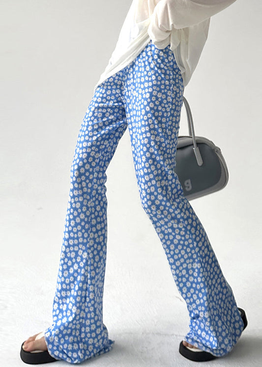 Women's Cotton Wide Leg Pants Elastic Waist Blue Print Slim Fit - OutfitLondon
