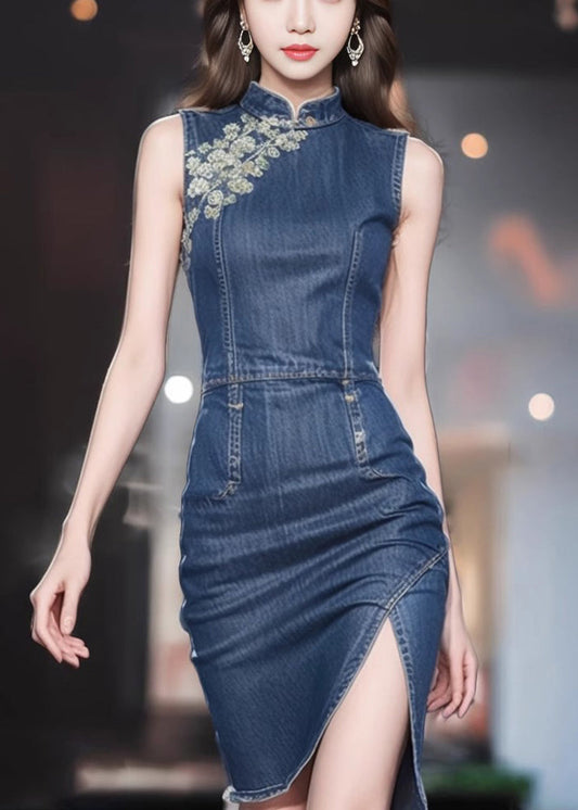 Women's Blue Denim Sleeveless Dress Slim Fit - OutfitLondon