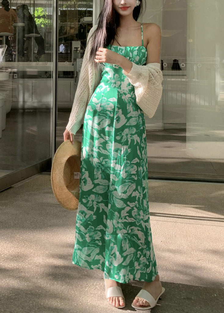 Women's Slim Fit Green Print Summer Dress Cotton Blend High Waist - OutfitLondon