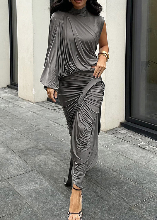 Women's Gray Asymmetric 2-Piece Set Wrinkled Textured - OutfitLondon