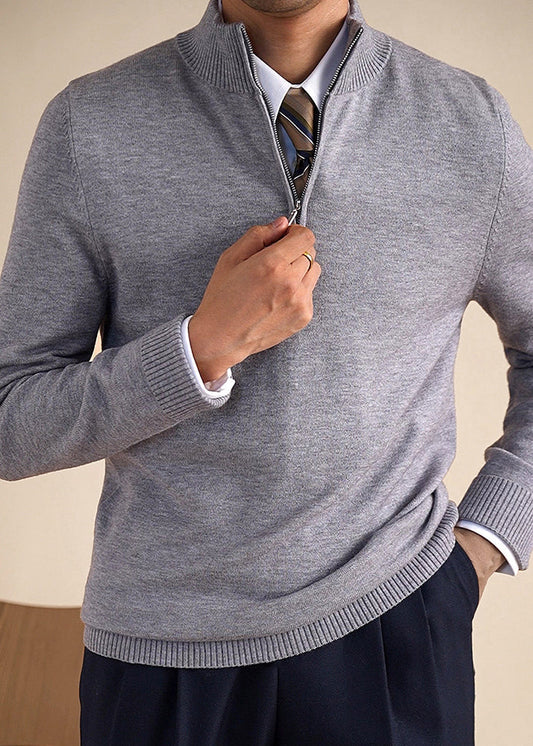 Men's Slim Fit Zip Knit Sweater Warm Winter Grey - OutfitLondon