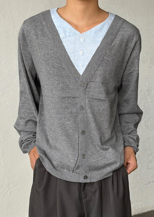 Men's Grey Slim Fit Cardigan Patchwork Knit - OutfitLondon