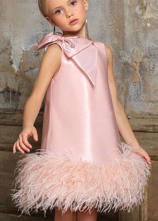 Girls Pink Silk Blend Sleeveless Dress With Knot And Pom Poms - OutfitLondon