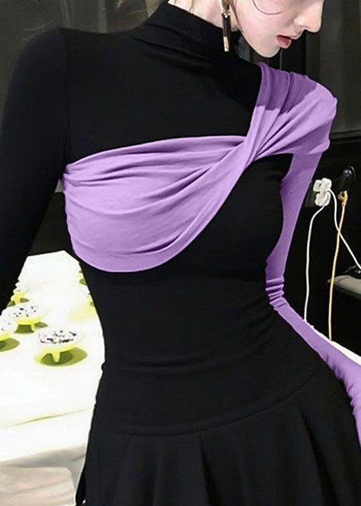 Women's Cotton Patchwork T-Shirt Asymmetric Fit Purple - OutfitLondon
