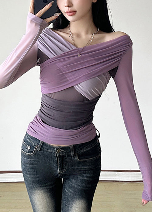 Women's Slim Fit Asymmetrical Hem Tulle Violet - OutfitLondon