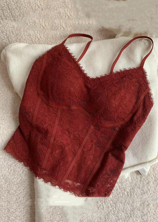 Women's Lace Tank V Neck Spaghetti Straps Red - OutfitLondon