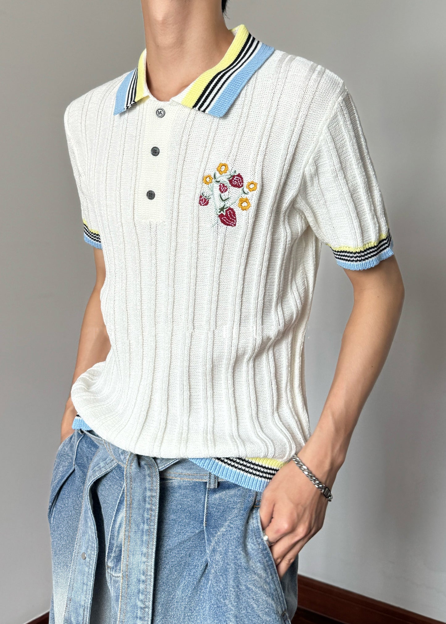 Men's Slim Fit Polo Shirt Knit Floral Embroidery - OutfitLondon