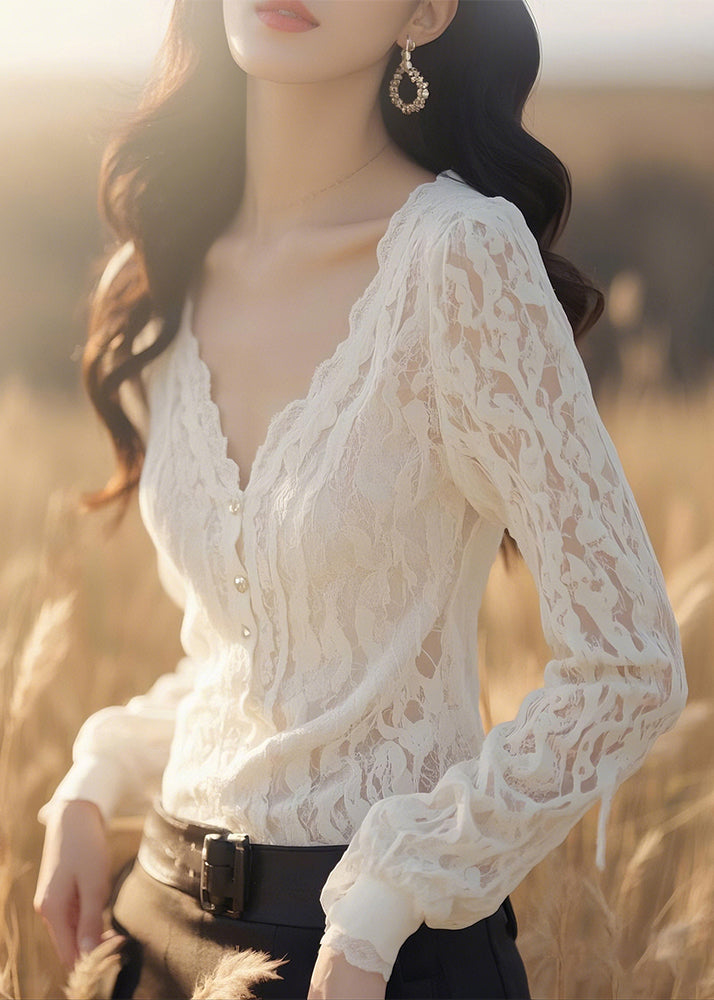 Women's V Neck Lace Blouse Slim Fit White - OutfitLondon