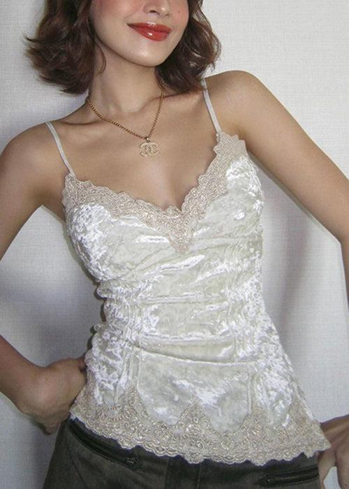 Women's Silk Tank V Neck Spaghetti Straps White - OutfitLondon