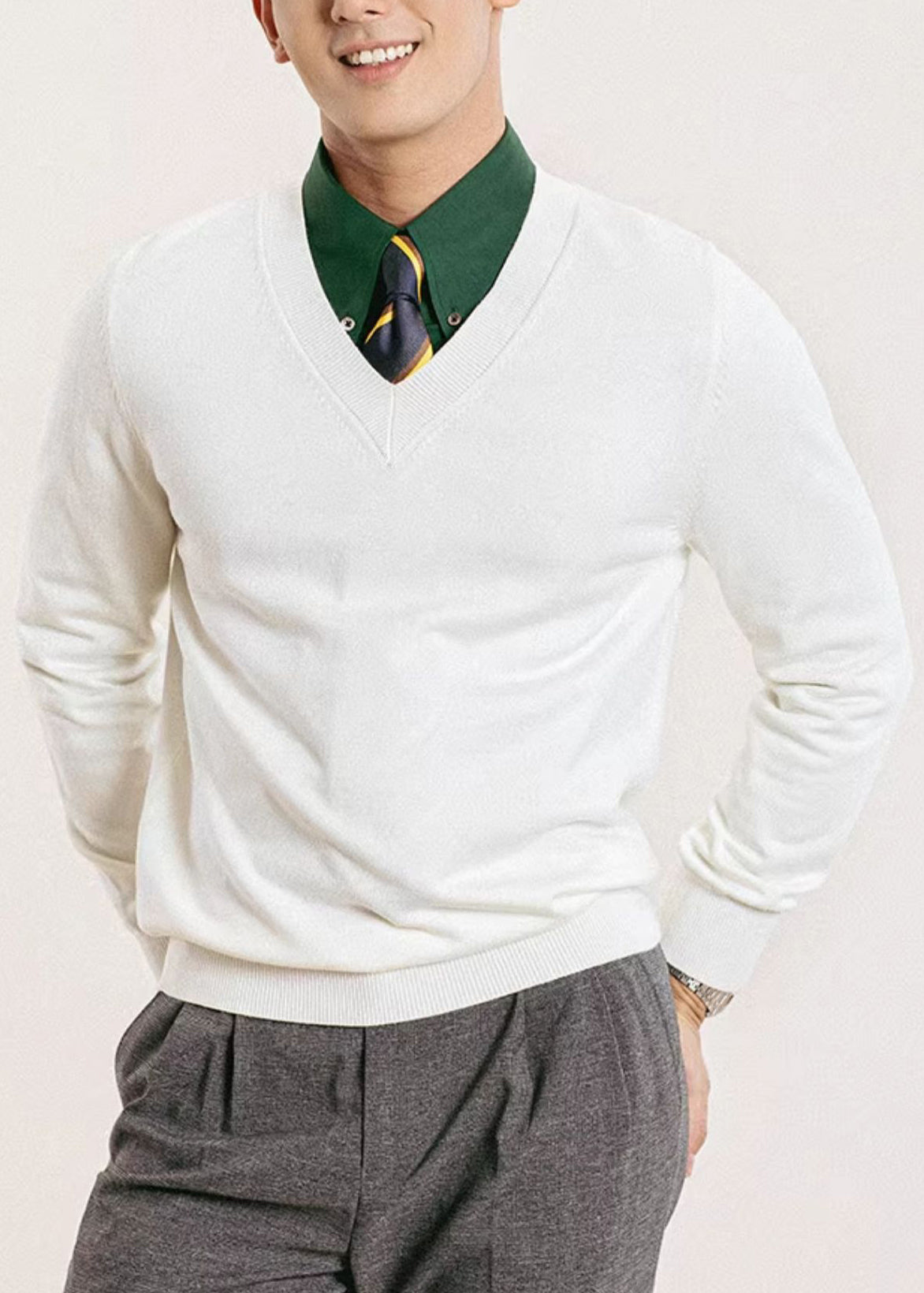 Mens White V Neck Sweater Slim Fit Merino Knit - OutfitLondon