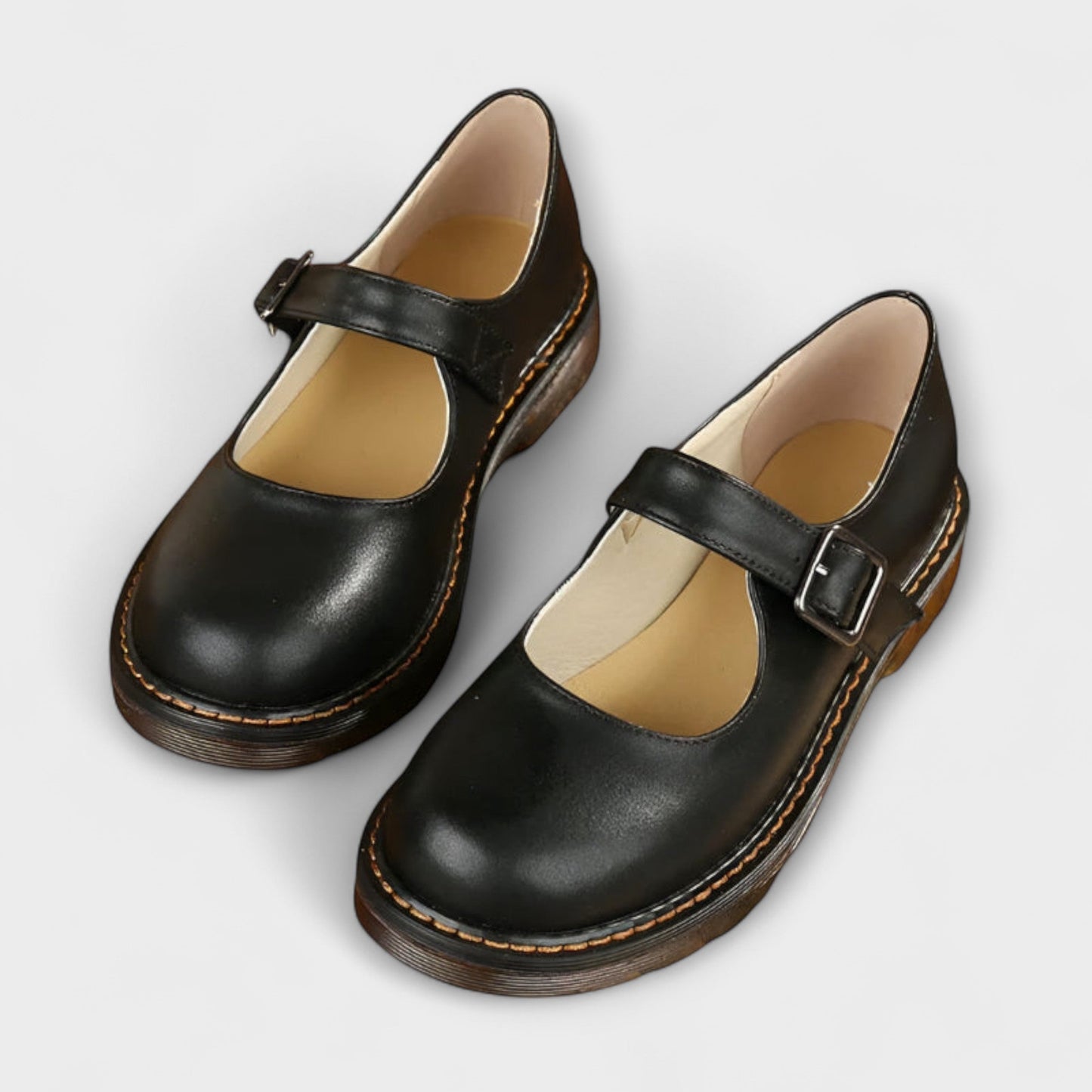 Vintage Style Mary Jane Flat Shoes - Brown Leather
