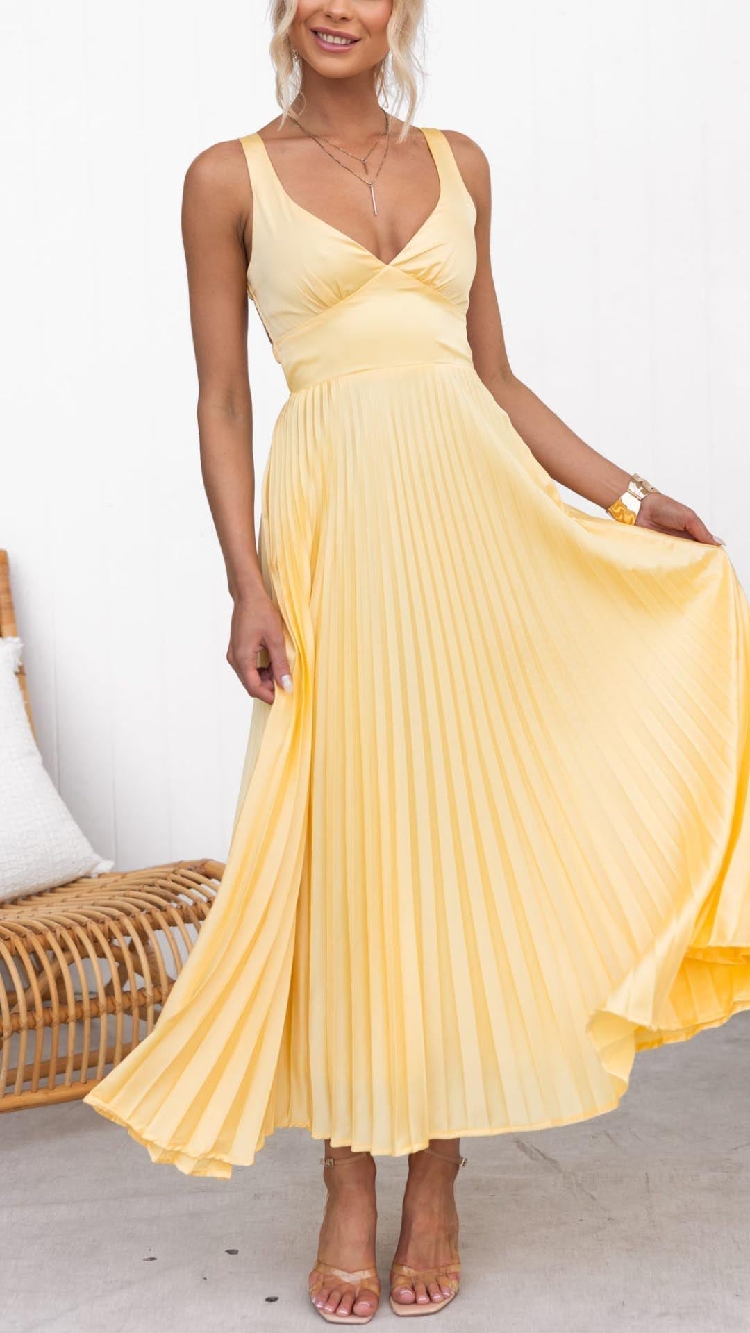 Women's Pleated Midi Dress Sun Yellow - OutfitLondon
