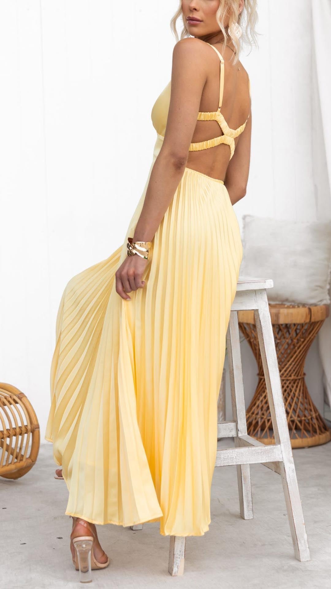 Women's Pleated Midi Dress Sun Yellow