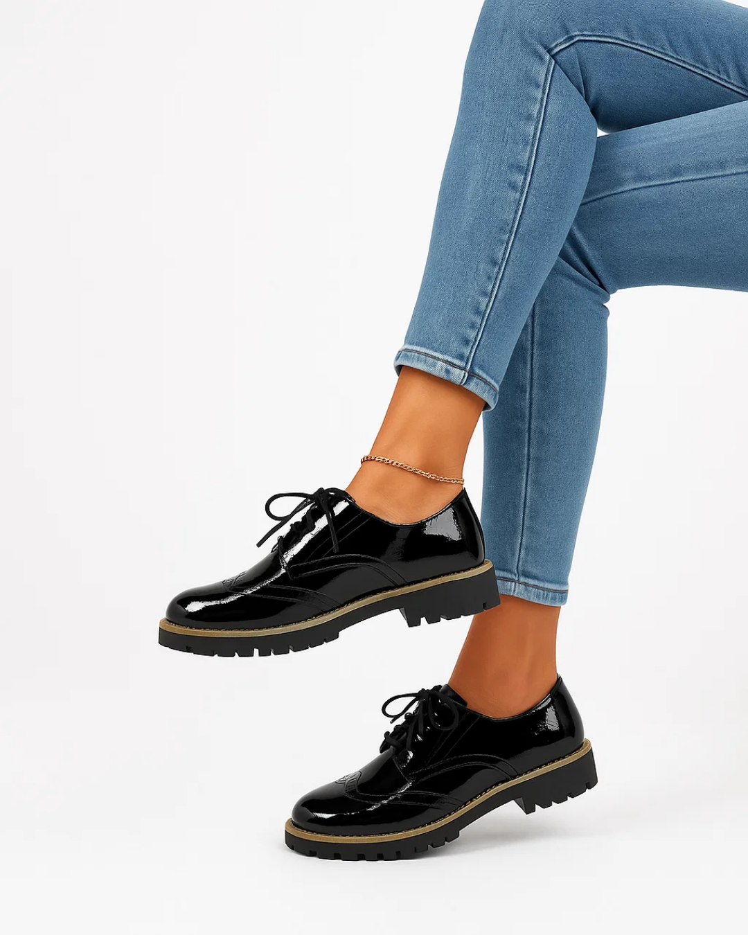 Women's Lace-Up Casual Shoes Shiny Black