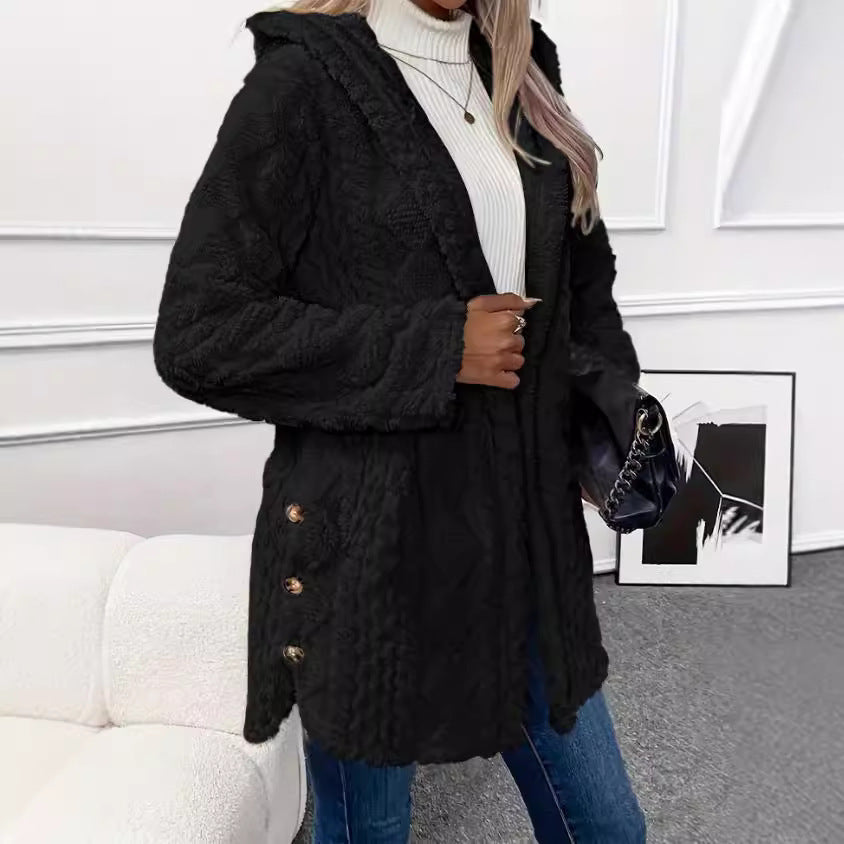 Cozy Fleece Hooded Jacket with Button Front