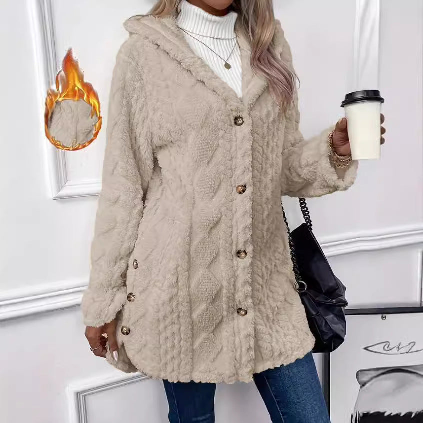 Cozy Fleece Hooded Jacket with Button Front
