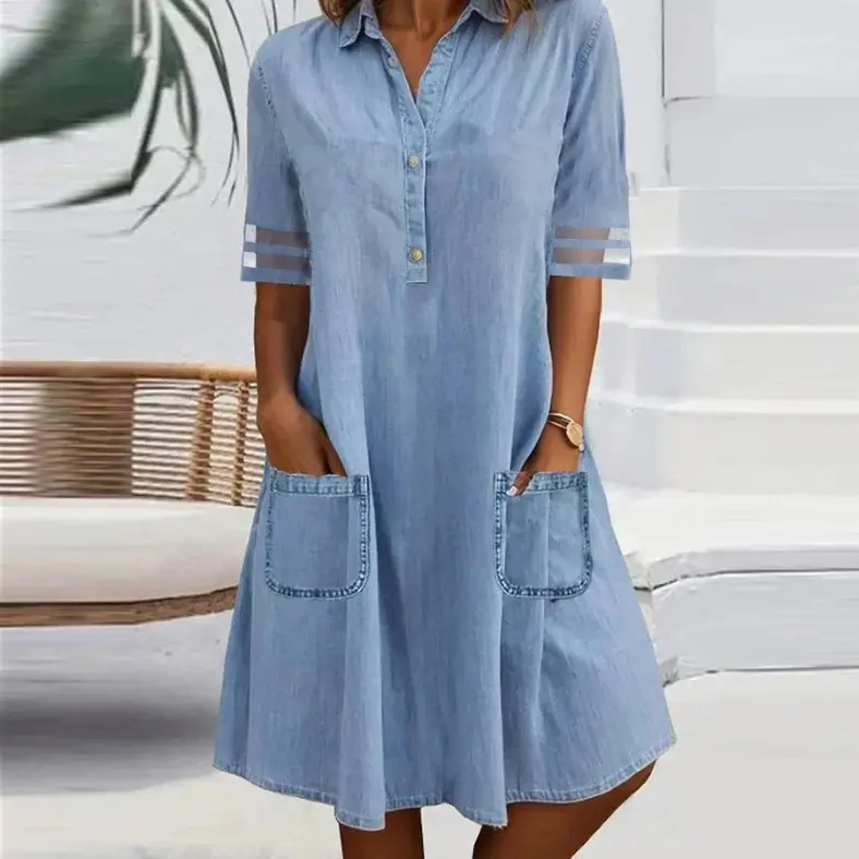 Classic Blue Jeans Dress with Pockets - OutfitLondon