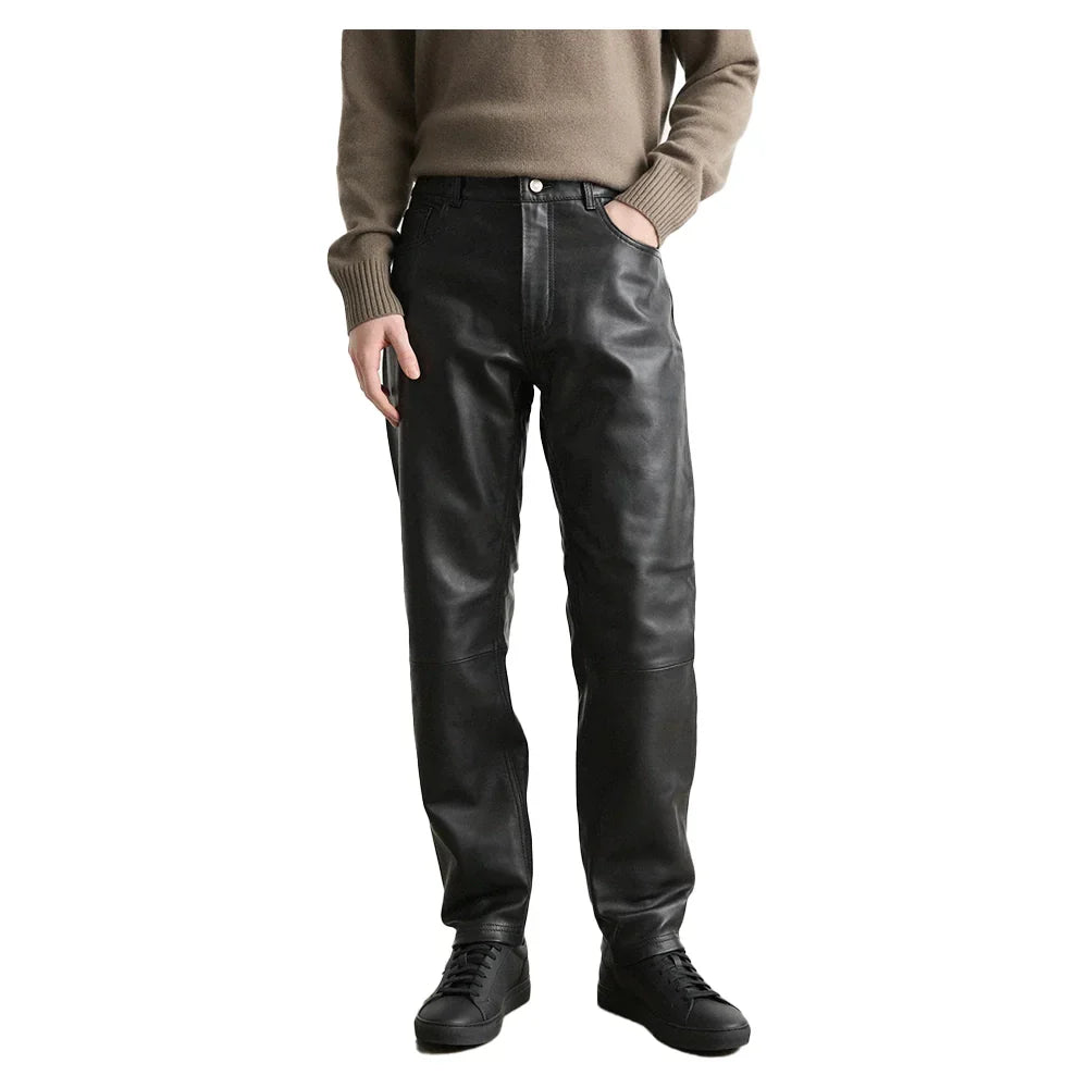 Men's Straight Leg Leather Pants Black Regular Fit - OutfitLondon