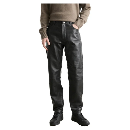 Men's Straight Leg Leather Pants Black Regular Fit - OutfitLondon