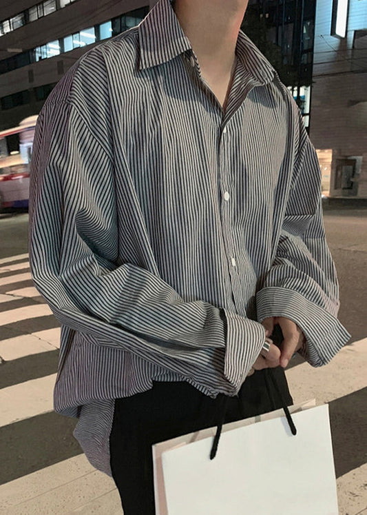 Mens Cotton Striped Long Sleeve Shirt Relaxed Fit - OutfitLondon