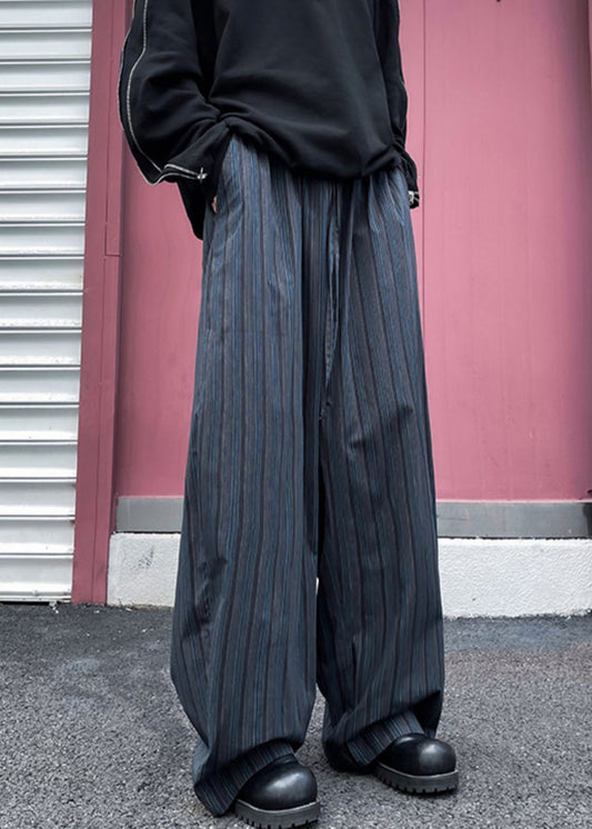 Men's Striped Cotton Pants Elastic Waist Black White - OutfitLondon