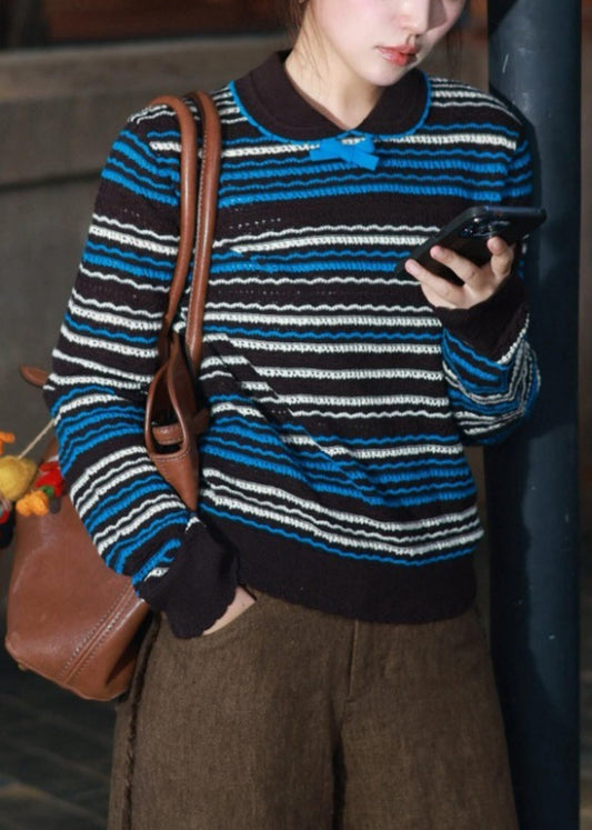 Women's Striped Knit Sweater Relaxed Fit Blue - OutfitLondon