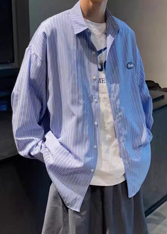 Men's Blue White Striped Cotton Long Sleeve Shirt - OutfitLondon
