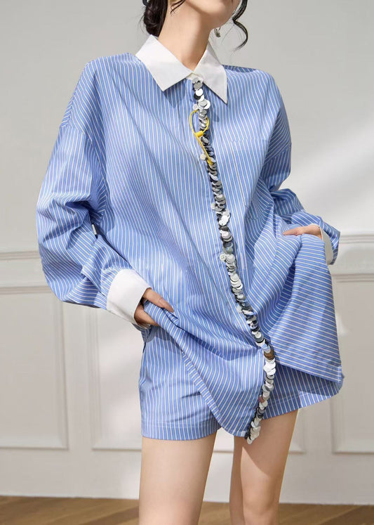 Kids Blue Cotton Two Piece Set With Sequin And Shorts - OutfitLondon