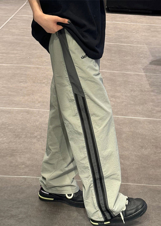 Mens Striped Cotton Pants Lightweight Green Elastic Waist - OutfitLondon