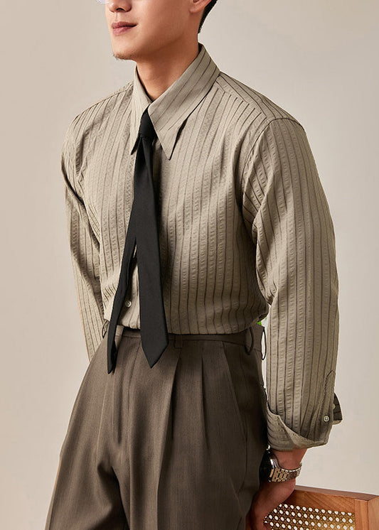 Mens Striped Cotton Shirt Long Sleeve Khaki - OutfitLondon