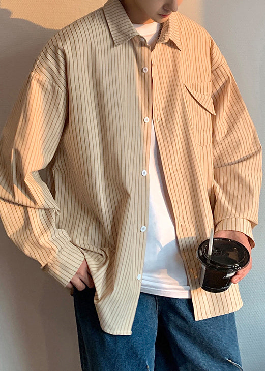 Men's Striped Cotton Shirt Khaki With Pockets - OutfitLondon