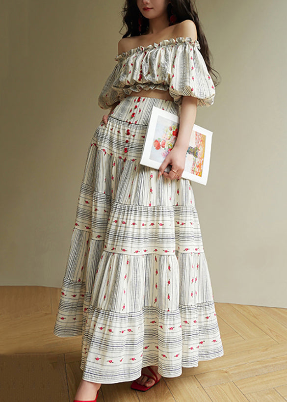 Women's Cotton Striped 2 Piece Set Ruffled Skirt - OutfitLondon